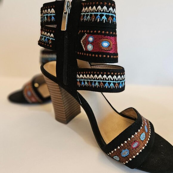 Embroidered open toe bohemian stacked heel sandals S6 - Picture 6 of 6